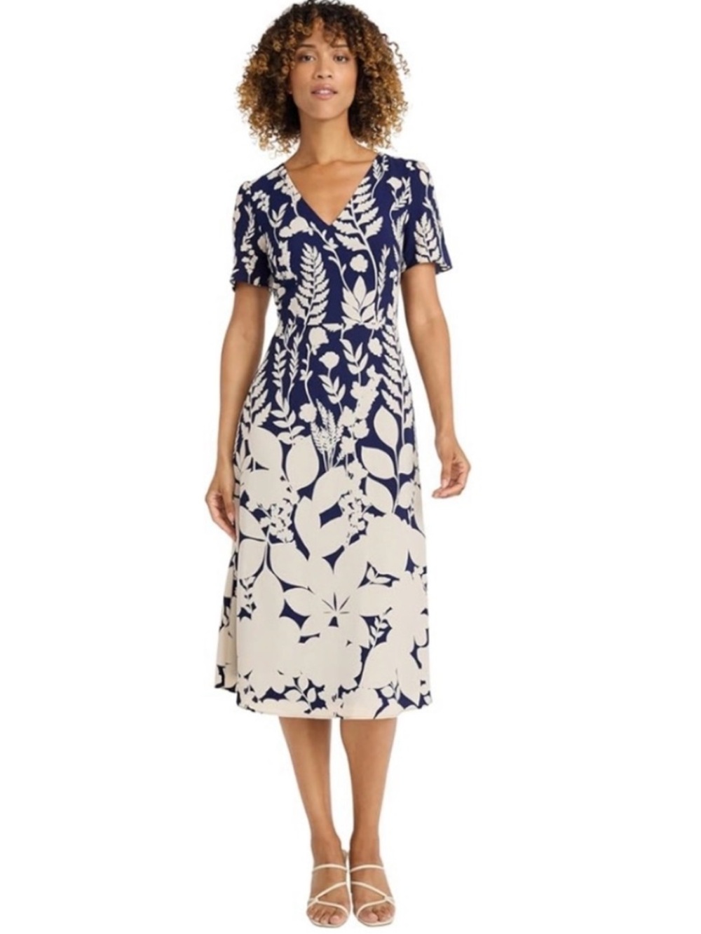 Maggy London Navy Blue & White Floral V-Neck Midi Sheath Dress, Size 10